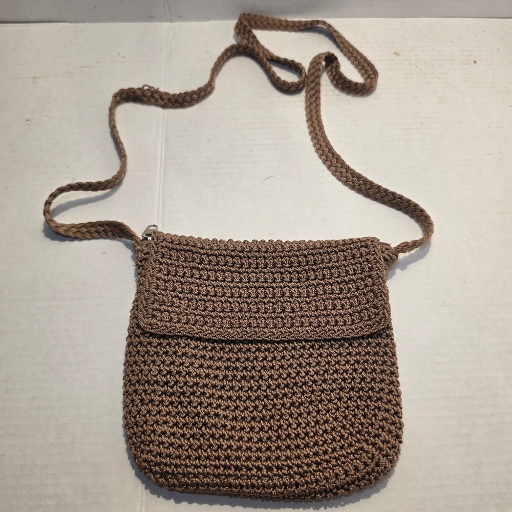 Brown Crochet Crossbody Bag Woven Braided Strap Boho Small Square Purse